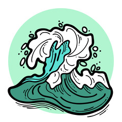 Obraz premium Sea wave, powerful splash energy of nature. Nautical ocean theme with ocean storm, summer holiday. For surfing and sailing decoration element. Hand drawn illustration. Old comic cartoon style drawing.