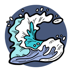 Sea wave, powerful splash energy of nature. Nautical ocean theme with ocean storm, summer holiday. For surfing and sailing decoration element. Hand drawn illustration. Old comic cartoon style drawing.