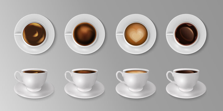 Coffee cup mockup. Top and side view of mug with latte, black tea, cappuccino or espresso, isolated cafe, restaurant and bar, breakfast beverage on gray background, realistic vector illustration