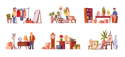 Vintage market. People on fair with books, fashion and interior decorations. Clothes and furniture. Second Hand store sellers and customers. Weekend marketplace. Vector garage sale set