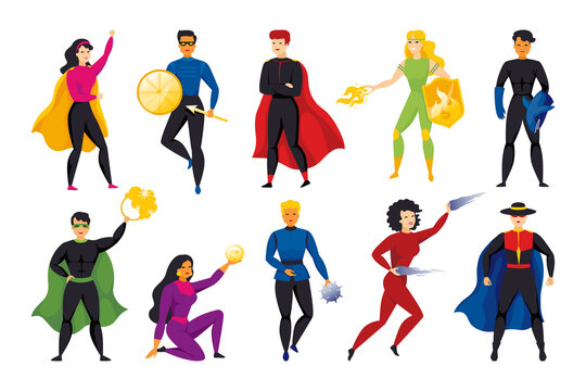 Superhero in cape. Adult character of hero with super body power. Man or girl avatar in cloak in comic pose. Heroic people mascots. Strong muscular persons. Vector cartoon superhuman set