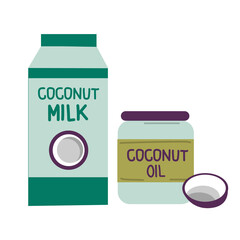 Vegans and organic food. Coconut milk and oil. Cartoon vegetarians with natural eco meal. Eating products from tropical nut. Healthy lifestyle. Vector diet nutrition ingredients set