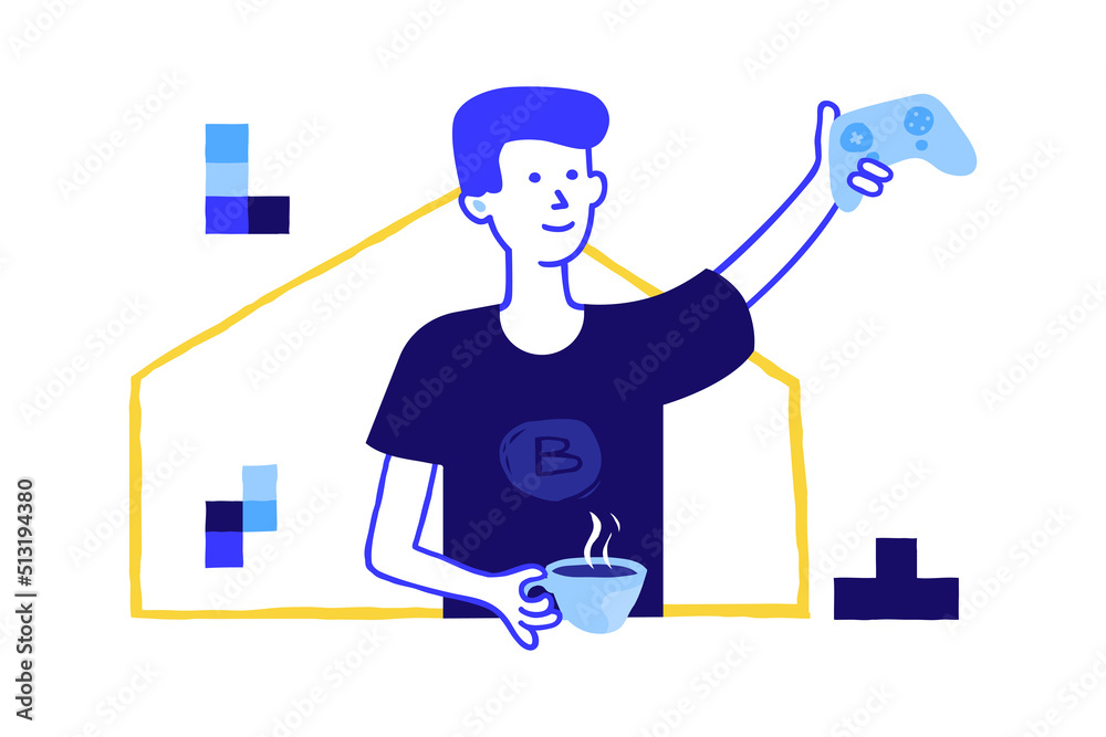 Poster Game development concept. Doodle VR and 3D video gaming mechanics trendy flat objects. Boy with joystick. Computer technology. Teenager holding gamepad. Vector virtual reality playing