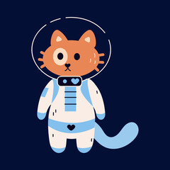 Space cats. Cute kitty in spacesuit and helmet. Childish kitten astronaut. Cosmic explorer. Funny cosmonaut. Galaxy discovery. Cartoon animal journey. Vector pets interstellar adventure