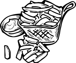 Crispy crunchy tasty French fries. Junk food for restaurant menu. Fried potatoes pommes frites unhealthy fast food. Hand drawn retro vintage old style vector illustration. Comics cartoon drawing.