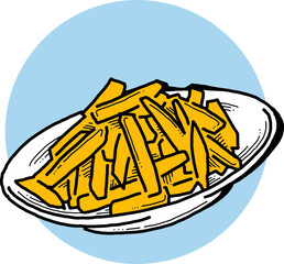 Crispy crunchy tasty French fries. Junk food for restaurant menu. Fried potatoes pommes frites unhealthy fast food. Hand drawn retro vintage colorful vector illustration. Comics cartoon style drawing.