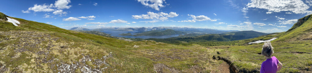 Fototapeta premium Hiking to the mountains Seterfjellet a warm and beautiful summer day i, Northern Norway- Europe 