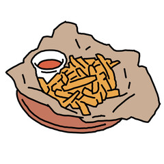 Crispy crunchy tasty French fries. Junk food for restaurant menu. Fried potatoes pommes frites unhealthy fast food. Hand drawn colorful illustration. Comics cartoon drawing.
