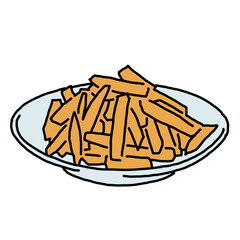 Crispy crunchy tasty French fries. Junk food for restaurant menu. Fried potatoes pommes frites unhealthy fast food. Hand drawn colorful illustration. Comics cartoon drawing.