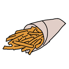 Crispy crunchy tasty French fries. Junk food for restaurant menu. Fried potatoes pommes frites unhealthy fast food. Hand drawn colorful illustration. Comics cartoon drawing.