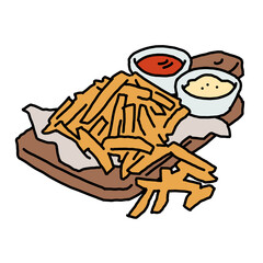 Crispy crunchy tasty French fries. Junk food for restaurant menu. Fried potatoes pommes frites unhealthy fast food. Hand drawn colorful illustration. Comics cartoon drawing.