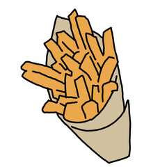 Crispy crunchy tasty French fries. Junk food for restaurant menu. Fried potatoes pommes frites unhealthy fast food. Hand drawn colorful illustration. Comics cartoon drawing.