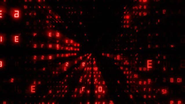 Flight in futuristic cyberspace, black sci-fi background with red computer numbers. Global communications technology