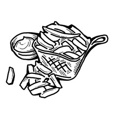 Crispy crunchy tasty French fries. Junk food for restaurant menu. Fried potatoes pommes frites unhealthy fast food. Hand drawn retro vintage old style vector illustration. Comics cartoon drawing.
