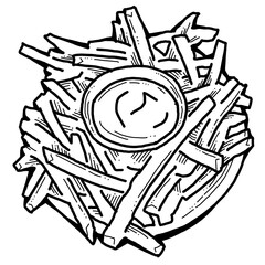 Crispy crunchy tasty French fries. Junk food for restaurant menu. Fried potatoes pommes frites unhealthy fast food. Hand drawn retro vintage old style vector illustration. Comics cartoon drawing.