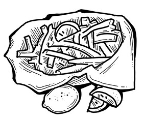 Crispy crunchy tasty French fries. Junk food for restaurant menu. Fried potatoes pommes frites unhealthy fast food. Hand drawn retro vintage old style vector illustration. Comics cartoon drawing.