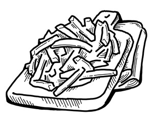 Crispy crunchy tasty French fries. Junk food for restaurant menu. Fried potatoes pommes frites unhealthy fast food. Hand drawn retro vintage old style vector illustration. Comics cartoon drawing.