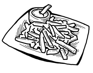 Fototapeta premium Crispy crunchy tasty French fries. Junk food for restaurant menu. Fried potatoes pommes frites unhealthy fast food. Hand drawn retro vintage old style vector illustration. Comics cartoon drawing.