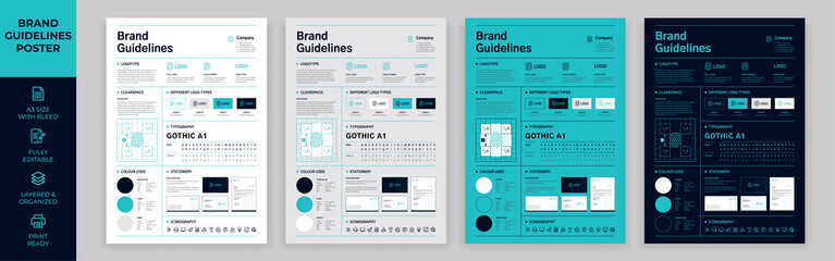 DIN A3 Brand Guidelines Poster Layout Set, Brand Manual Templates, Simple style and modern layout Brand Style, Brand Identity, Brand Guidelines - obrazy, fototapety, plakaty
