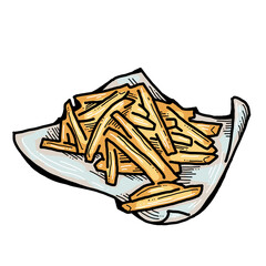 Crispy crunchy tasty French fries. Junk food for restaurant menu. Fried potatoes pommes frites unhealthy fast food. Hand drawn retro vintage old style vector illustration. Comics cartoon drawing.