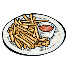 Crispy crunchy tasty French fries. Junk food for restaurant menu. Fried potatoes pommes frites unhealthy fast food. Hand drawn retro vintage old style vector illustration. Comics cartoon drawing.
