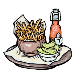 Crispy crunchy tasty French fries. Junk food for restaurant menu. Fried potatoes pommes frites unhealthy fast food. Hand drawn retro vintage old style vector illustration. Comics cartoon drawing.