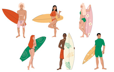 Surfers. Men and women in swimsuits and with their surfboards. Vector graphic.