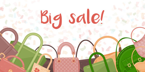 Big sale of bags. Sale fun banner. Design for social media and website. Vector illustration. Cartoon style.