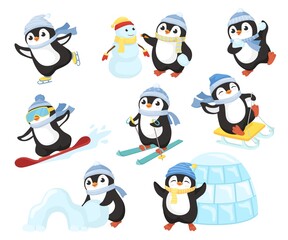 Penguin in winter activities. Little cute cartoon penguins characters play fun, make snowman, skating and skiing vector set - obrazy, fototapety, plakaty