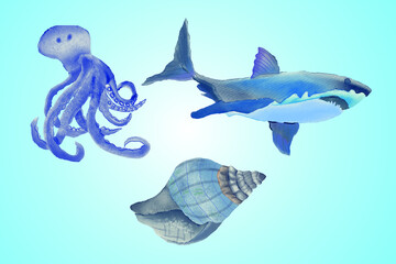 Fototapeta premium Watercolour sea animals whale, octopus, sea shell clipart illustration