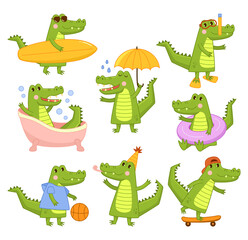 Cartoon alligator. Cool green crocodile surfer and diver, takes bath and skateboarding. Mascot in different activities vector illustration set