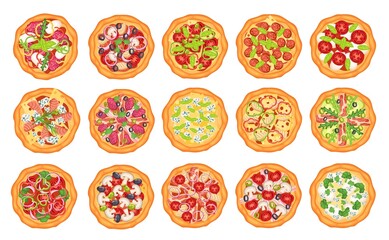 Top view pizza. Different Italian pizzas, margherita with mozzarella cheese and tomatoes slices, pepperoni with basil cartoon vector set