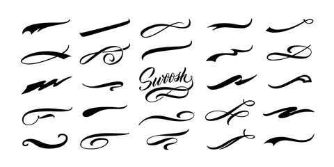 Calligraphic swoosh. Decoration swish symbols, retro underline swooshes tails and athletic typography text underlining vector set