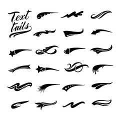 Text tails. Calligraphic swoosh, retro decorative swish line and underline curl for baseball sport emblem design vector set