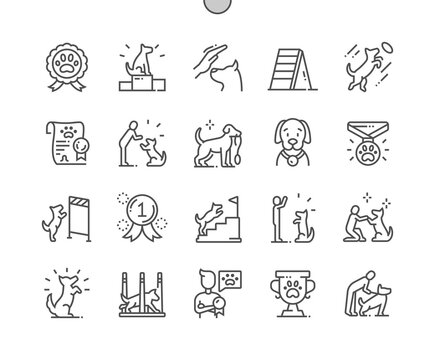 Dog training. Award and medal. Best trainer. Pet plays. Pixel Perfect Vector Thin Line Icons. Simple Minimal Pictogram