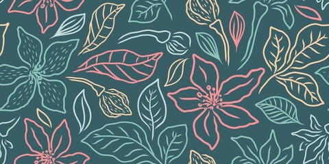 VECTOR HORIZONTAL SEAMLESS TURQUOISE FLORAL PATTERN WITH LILIES