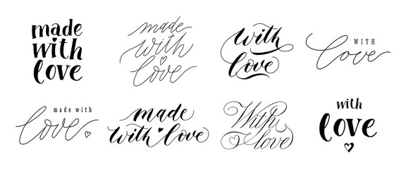 Made with love lettering. Hand drawn text for handcraft goods and with love phrase typography sign for vintage letter vector set
