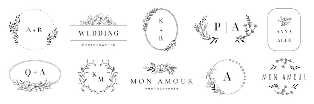 Wedding logo. Elegant monogram, hand drawn marriage invitations with wreath borders vector set