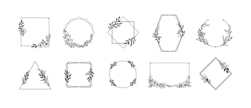 Floral ornaments frames. Geometric borders with herbs leafs, flower ornaments and leafy branches vector set
