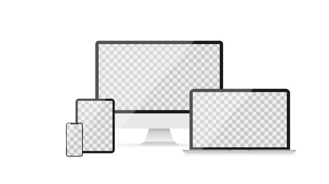Mockup of realistic devices. Transparent screen. Screen of computer, laptop, tablet and smartphone. Vector illustration