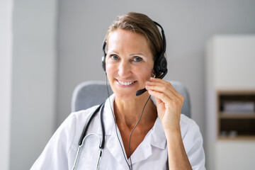 Confident Receptionist Using Headset In Hospital