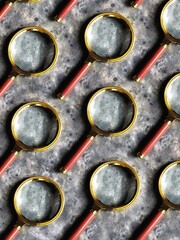 Vintage gold plated magnifiers pattern on black concrete background. Old magnifying glass.