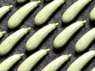 A pattern of young, tender zucchini on a black concrete background. Background of fresh summer vegetables.