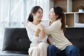 Two beautiful Asian women in a homosexual relationship, queer, gay couple, advocating sexual independence and pride in LGBTQ. Lgbt and love relationship. Supporters of the LGBT community.