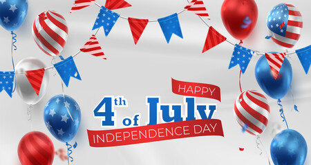 Banner with realistic balloons in American, USA colors, flags, blue stars. Happy Independence day, 4th of July. Vector illustration for card, party, flyer, poster, banner, web, advertising. 