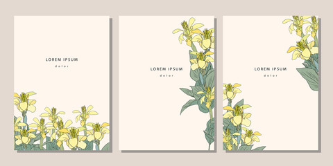 Set of templates with yellow canna lily. Covers, posters with floral pattern elements - obrazy, fototapety, plakaty