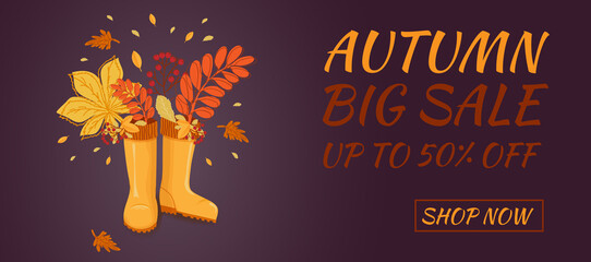 Autumn sale banner. Hello autumn. Rubber boots with autumn leaves.