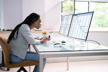 Fototapeta na wymiar Businesswoman Sitting In Wrong Posture Working On Computer