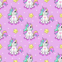 Seamless pattern with unicorns and stars on a pink background. Magic children's background. For fabric design, wallpapers, backgrounds. wrapping paper, etc. Vector