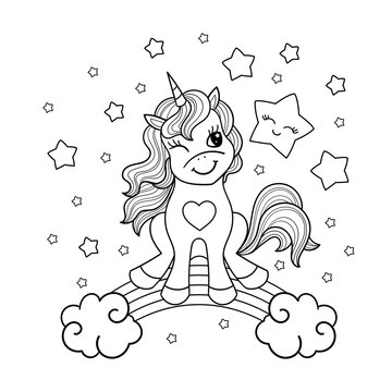 A funny little unicorn sits on a rainbow. Black and white linear contour  image. Preschool education. For the design of prints, posters, stickers,  cards and so on. Vector Stock Vector | Adobe